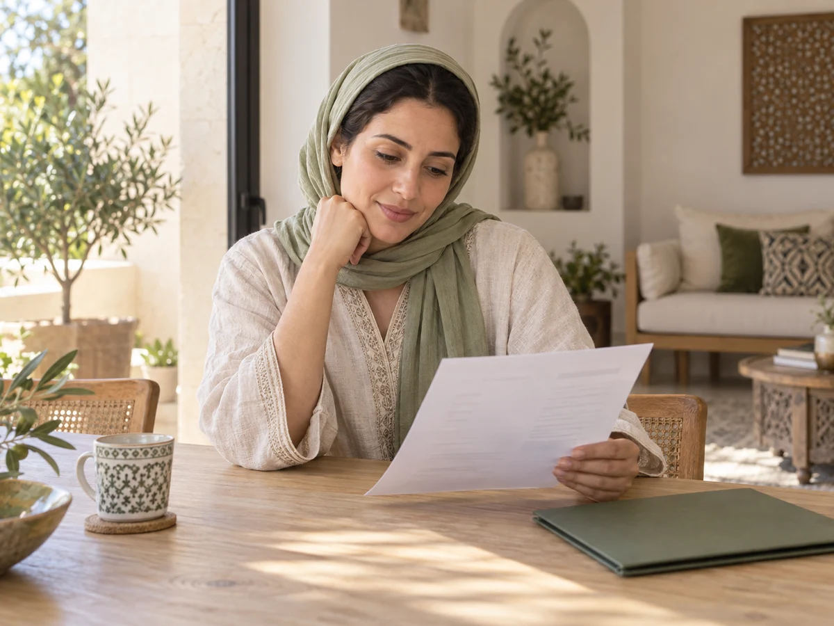 Une femme lit un compte rendu pour préparer ses échanges avec un praticien.